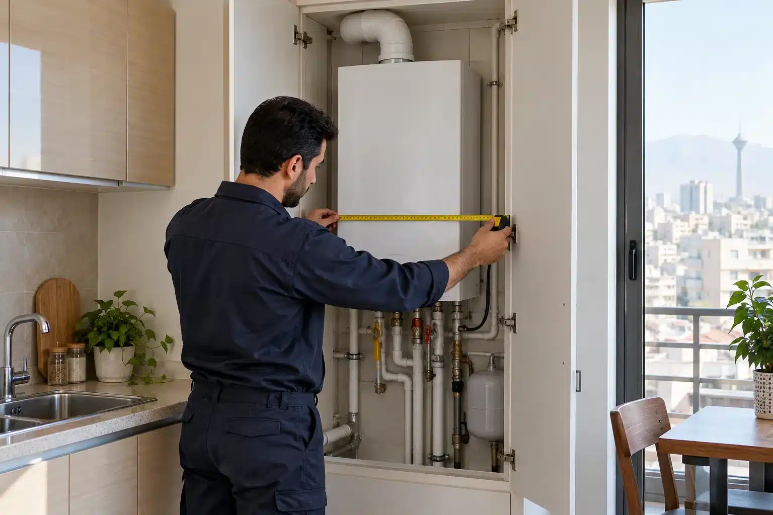 بررسی فضای دسترسی سرویس اطراف پکیج دیواری داخل کابینت