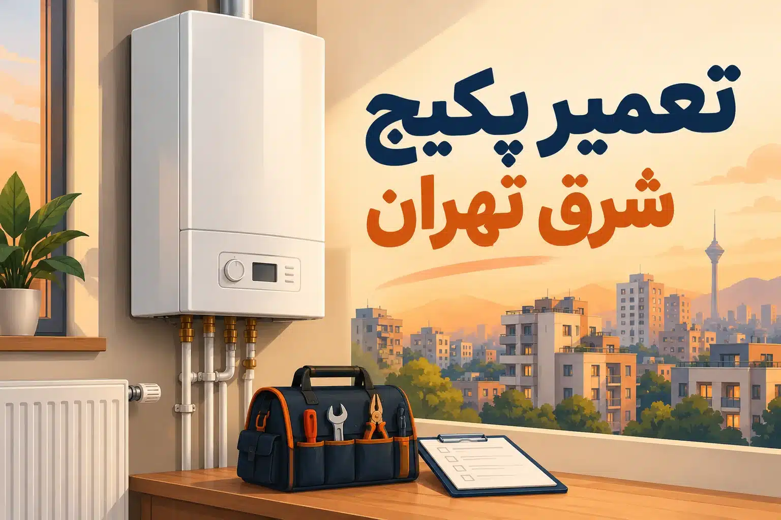 تصویرسازی پکیج دیواری و ابزار تعمیر با عنوان تعمیر پکیج شرق تهران