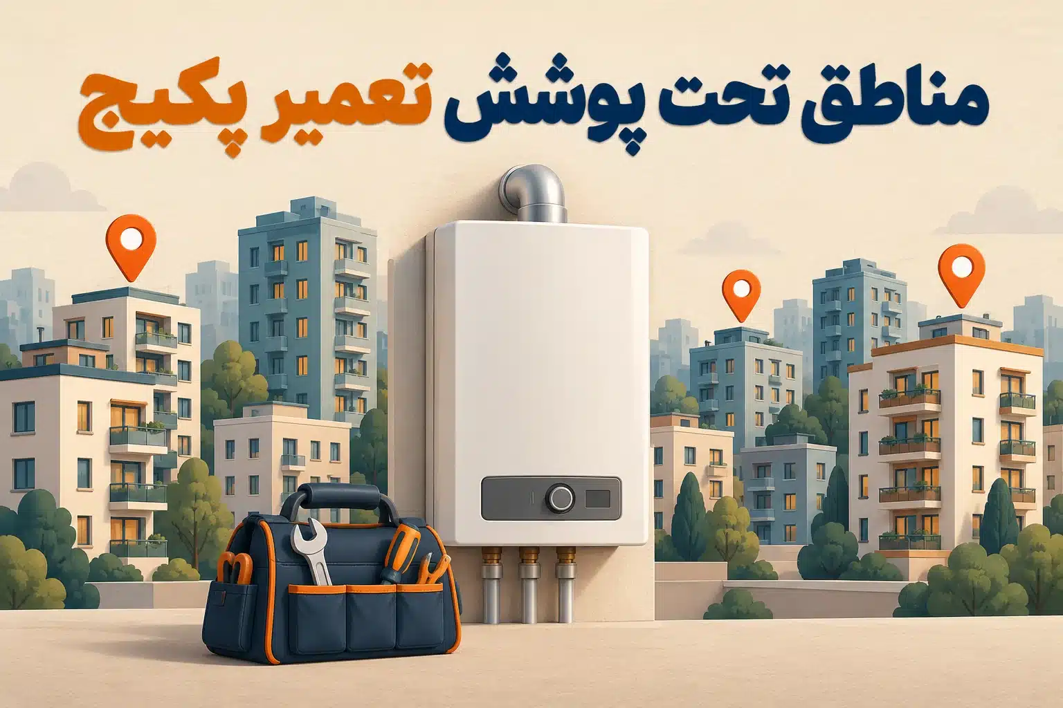 تصویرسازی پکیج دیواری و محلههای شهری برای معرفی مناطق خدمات تهران تعمیرگاه